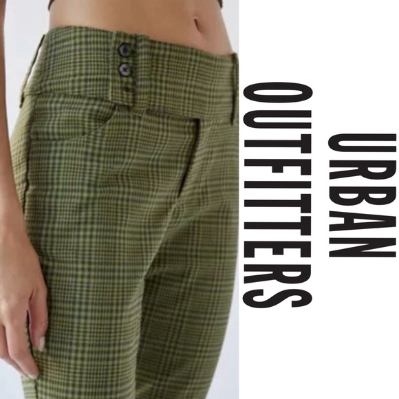 NWT Urban Outfitters Y2k Plaid Green Wide Belted Boot Flare Pants sz 14 - Picture 2 of 9
